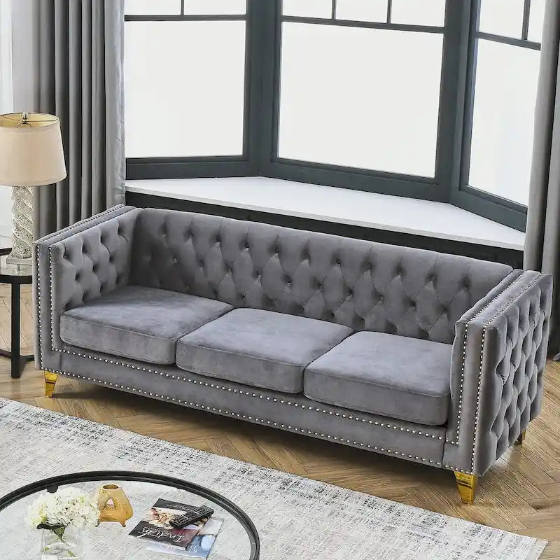 Divano Chesterfield in velluto, 3 posti trapuntato con gambe in metallo (Nero / Grigio / Beige)