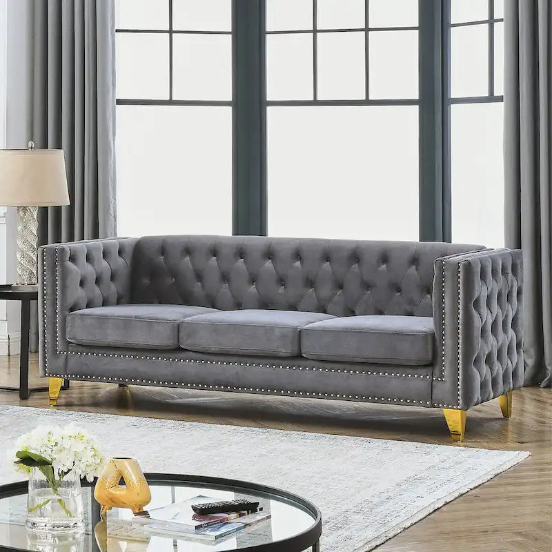 Divano Chesterfield in velluto, 3 posti trapuntato con gambe in metallo (Nero / Grigio / Beige)