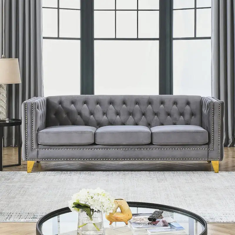 Divano Chesterfield in velluto, 3 posti trapuntato con gambe in metallo (Nero / Grigio / Beige)