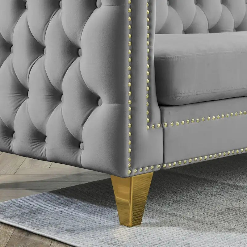 Divano Chesterfield in velluto, 3 posti trapuntato con gambe in metallo (Nero / Grigio / Beige)