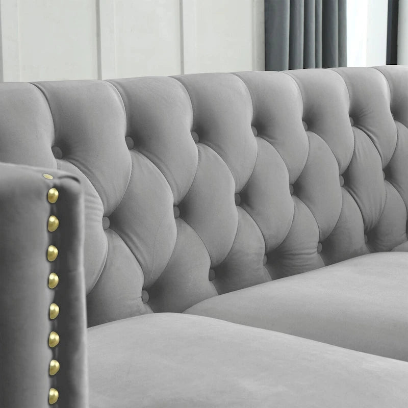 Divano Chesterfield in velluto, 3 posti trapuntato con gambe in metallo (Nero / Grigio / Beige)