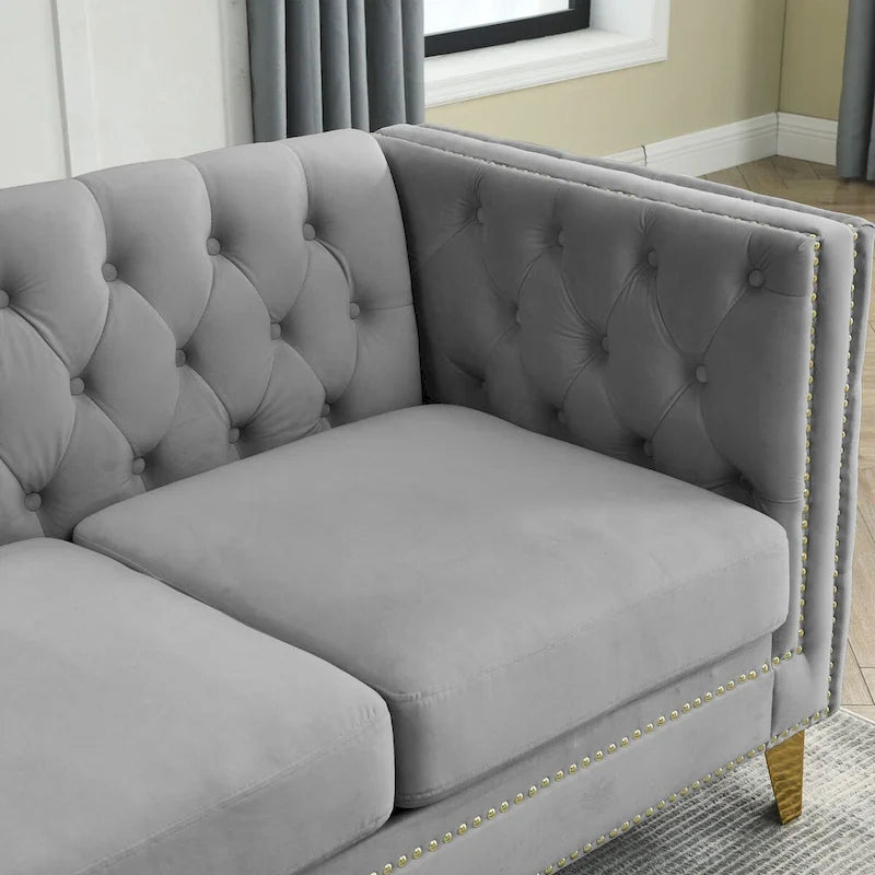 Divano Chesterfield in velluto, 3 posti trapuntato con gambe in metallo (Nero / Grigio / Beige)