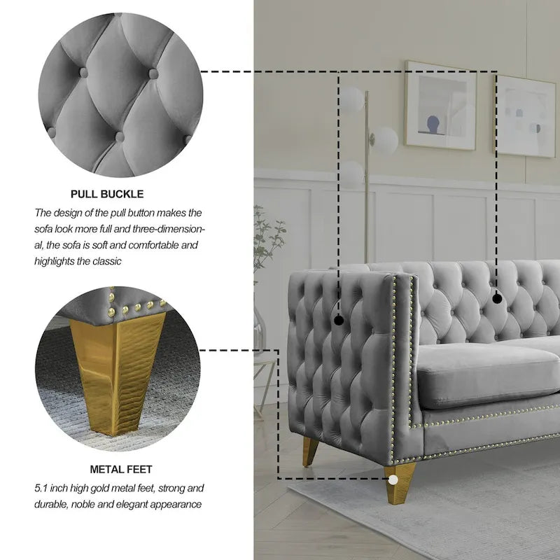 Divano Chesterfield in velluto, 3 posti trapuntato con gambe in metallo (Nero / Grigio / Beige)
