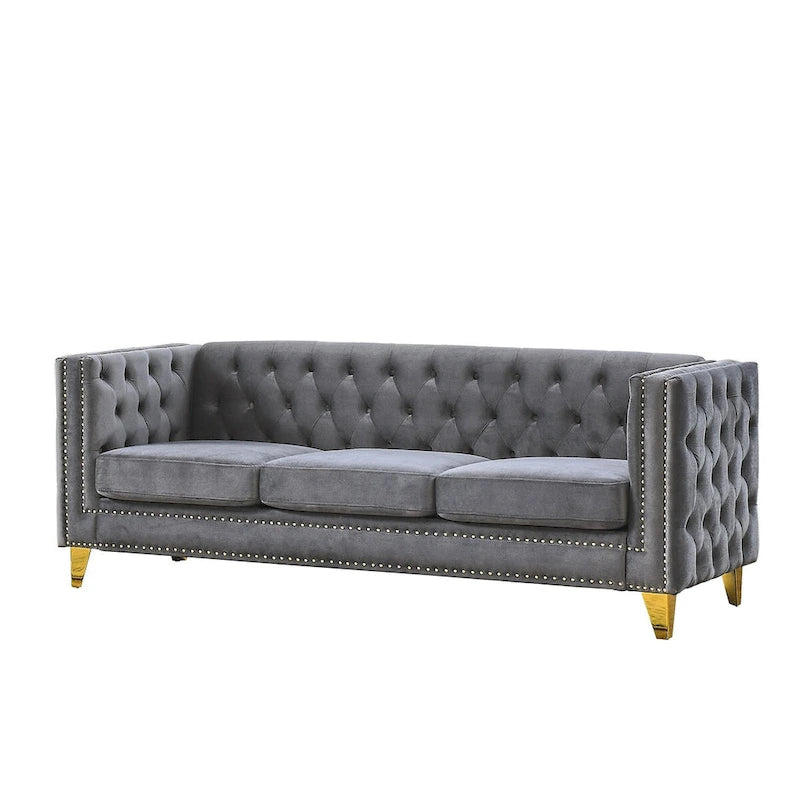 Divano Chesterfield in velluto, 3 posti trapuntato con gambe in metallo (Nero / Grigio / Beige)