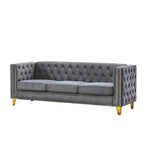 Divano Chesterfield in velluto, 3 posti trapuntato con gambe in metallo (Nero / Grigio / Beige)