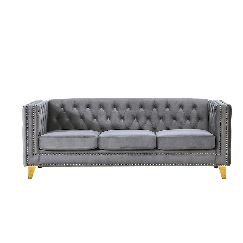 Divano Chesterfield in velluto, 3 posti trapuntato con gambe in metallo (Nero / Grigio / Beige)