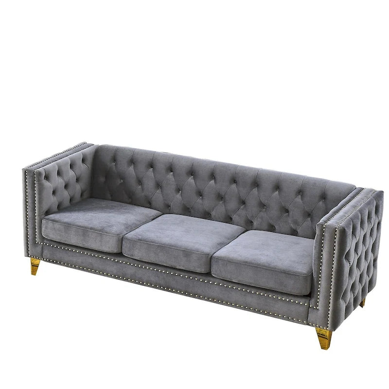 Divano Chesterfield in velluto, 3 posti trapuntato con gambe in metallo (Nero / Grigio / Beige)