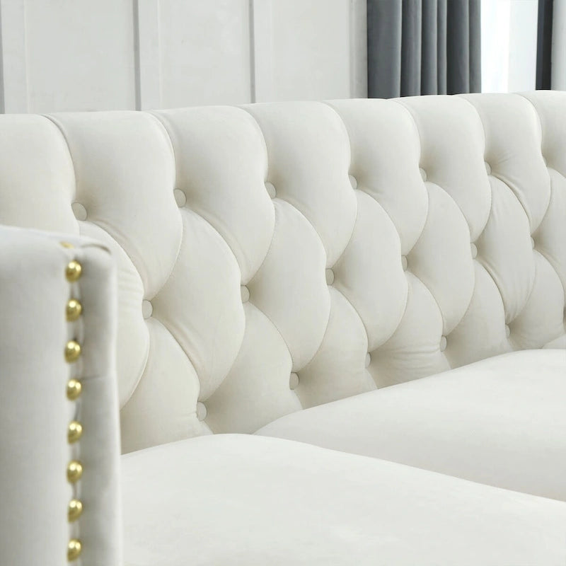Divano Chesterfield in velluto, 3 posti trapuntato con gambe in metallo (Nero / Grigio / Beige)