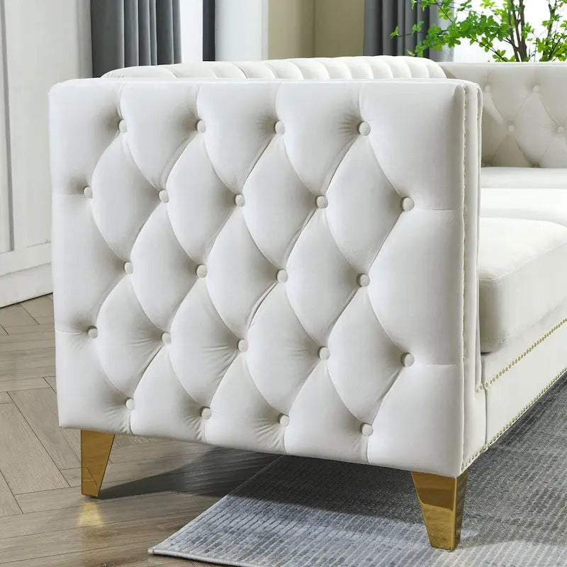 Divano Chesterfield in velluto, 3 posti trapuntato con gambe in metallo (Nero / Grigio / Beige)