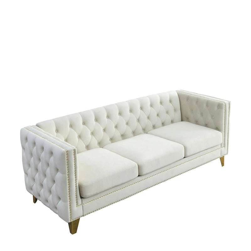 Divano Chesterfield in velluto, 3 posti trapuntato con gambe in metallo (Nero / Grigio / Beige)