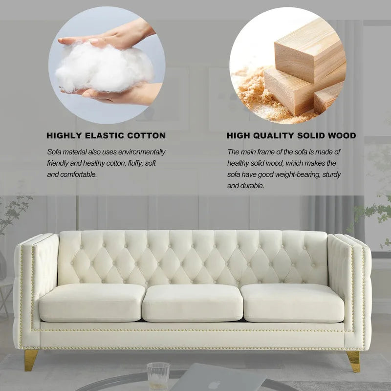 Divano Chesterfield in velluto, 3 posti trapuntato con gambe in metallo (Nero / Grigio / Beige)