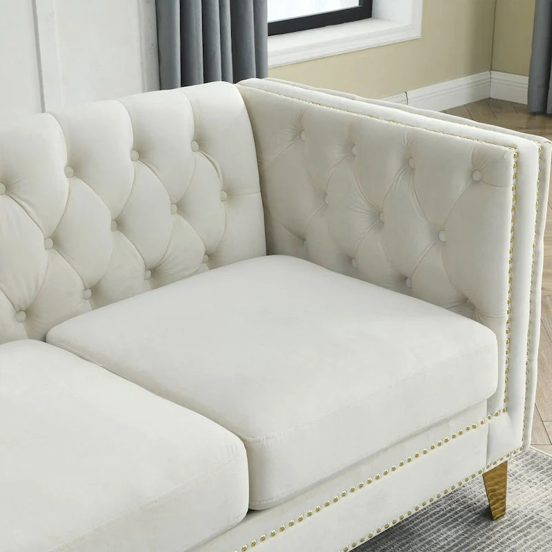 Divano Chesterfield in velluto, 3 posti trapuntato con gambe in metallo (Nero / Grigio / Beige)