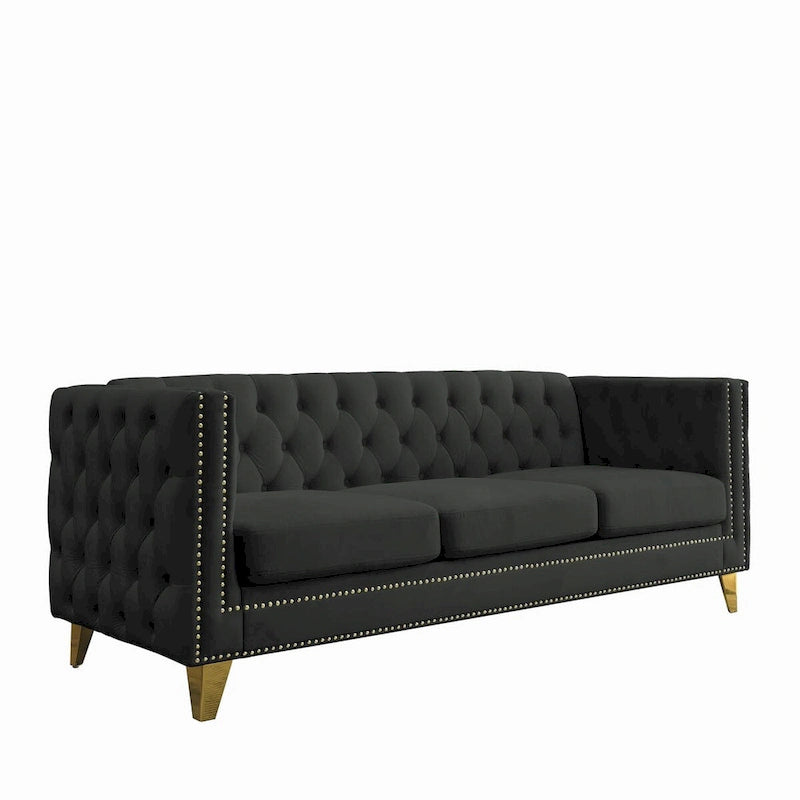 Divano Chesterfield in velluto, 3 posti trapuntato con gambe in metallo (Nero / Grigio / Beige)