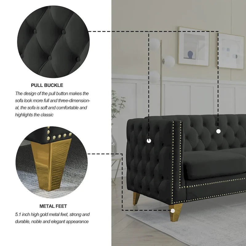Divano Chesterfield in velluto, 3 posti trapuntato con gambe in metallo (Nero / Grigio / Beige)