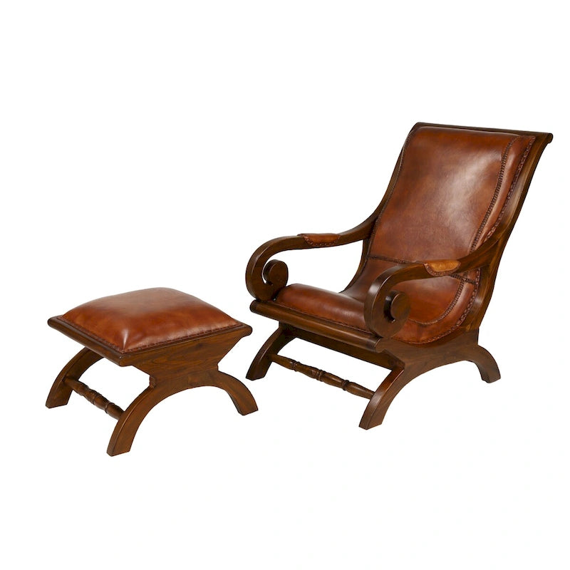 Poltrona da salotto tradizionale in pelle marrone scuro/marrone/nera con pouf – 1 posto