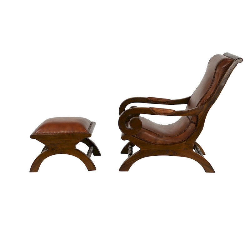 Poltrona da salotto tradizionale in pelle marrone scuro/marrone/nera con pouf – 1 posto