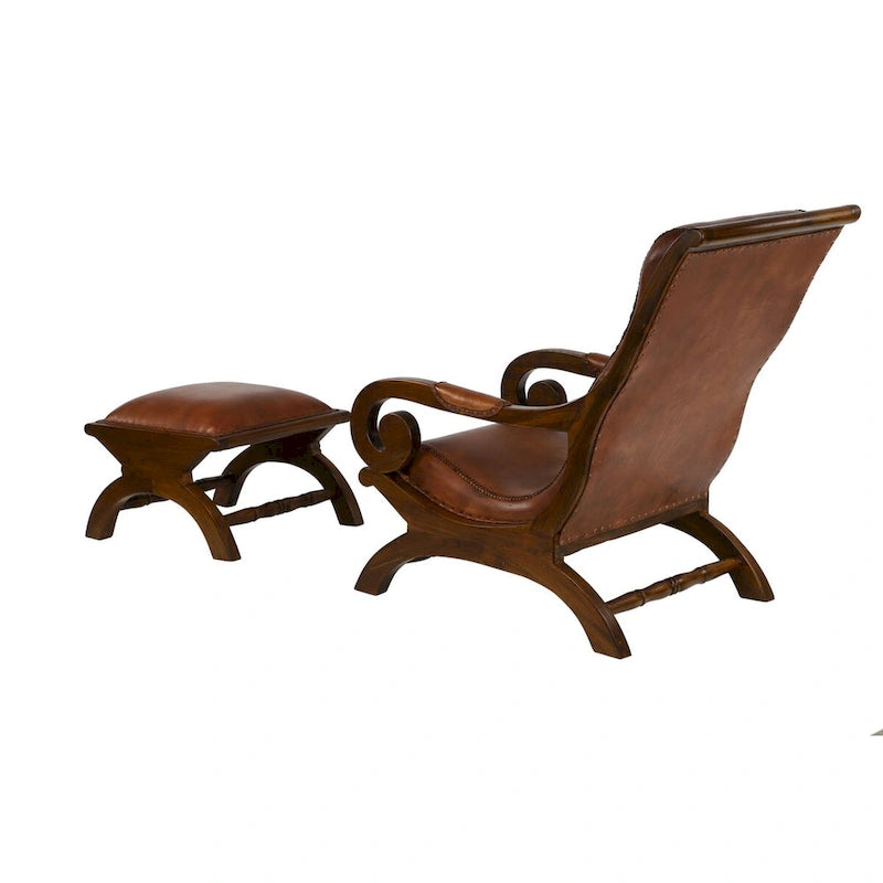 Poltrona da salotto tradizionale in pelle marrone scuro/marrone/nera con pouf – 1 posto