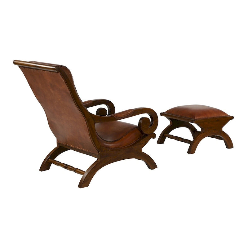 Poltrona da salotto tradizionale in pelle marrone scuro/marrone/nera con pouf – 1 posto