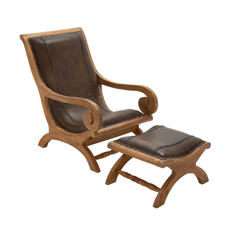 Poltrona da salotto tradizionale in pelle marrone scuro/marrone/nera con pouf – 1 posto