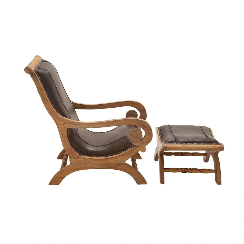 Poltrona da salotto tradizionale in pelle marrone scuro/marrone/nera con pouf – 1 posto