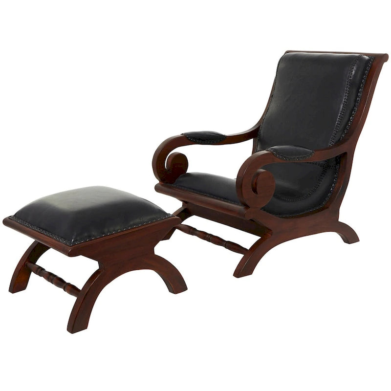 Poltrona da salotto tradizionale in pelle marrone scuro/marrone/nera con pouf – 1 posto