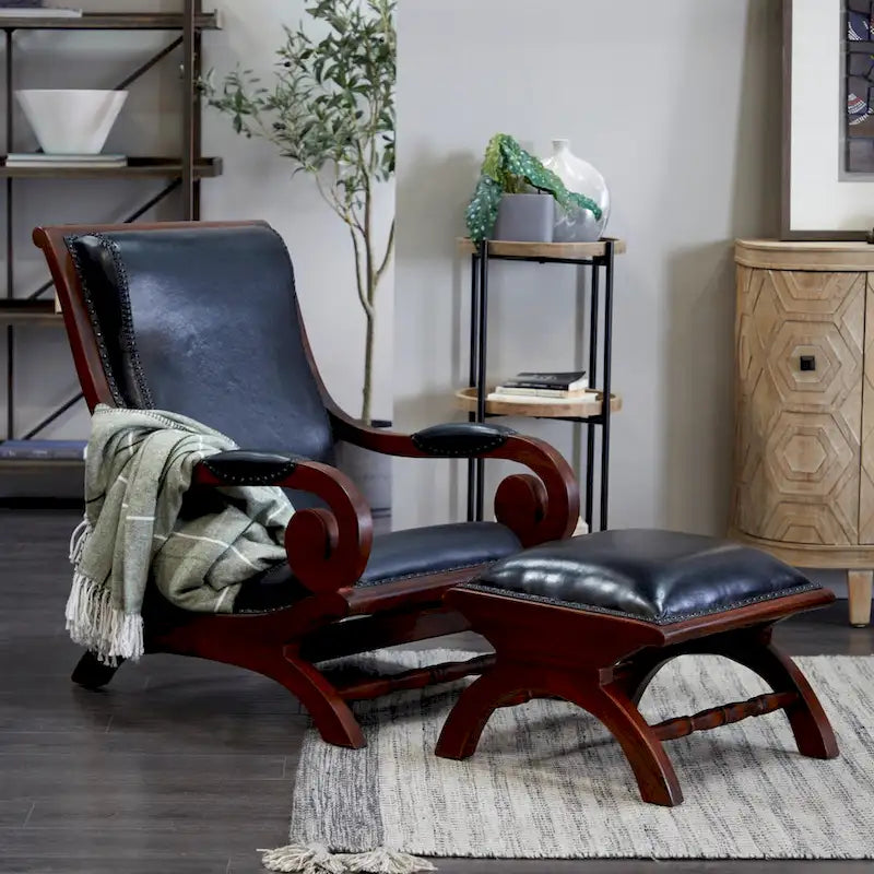 Poltrona da salotto tradizionale in pelle marrone scuro/marrone/nera con pouf – 1 posto