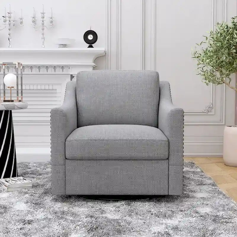 Poltrona girevole a barilotto accentata Fumo / Bianco / Grigio, Lino di cotone, Borchie in ottone, Gambe nere, Singola