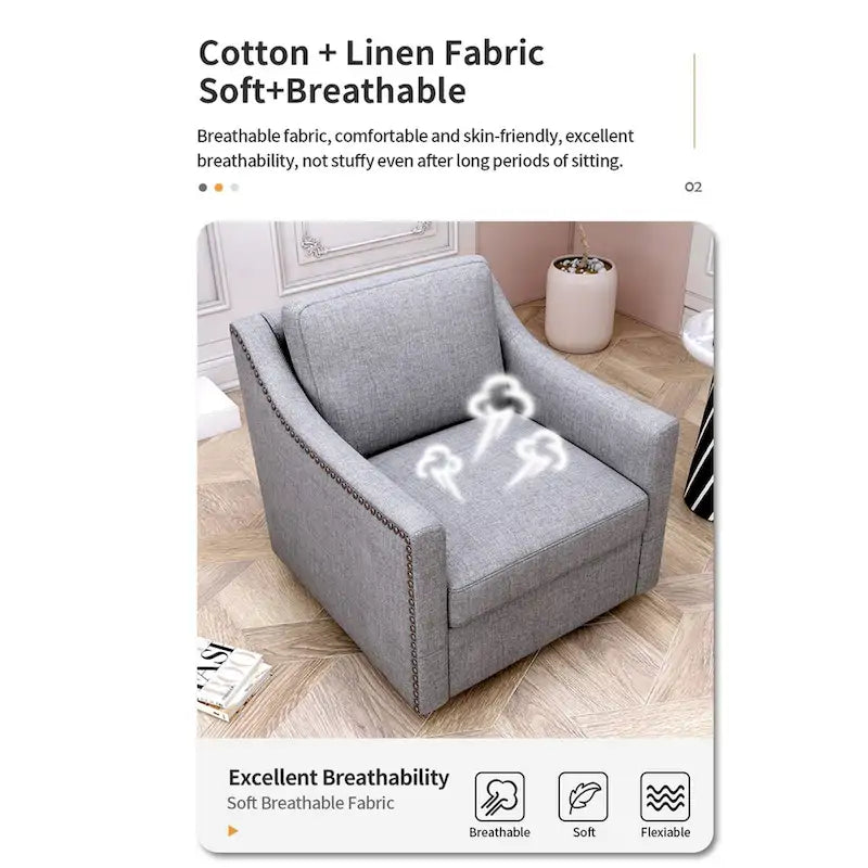Poltrona girevole a barilotto accentata Fumo / Bianco / Grigio, Lino di cotone, Borchie in ottone, Gambe nere, Singola