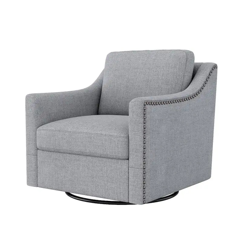 Poltrona girevole a barilotto accentata Fumo / Bianco / Grigio, Lino di cotone, Borchie in ottone, Gambe nere, Singola