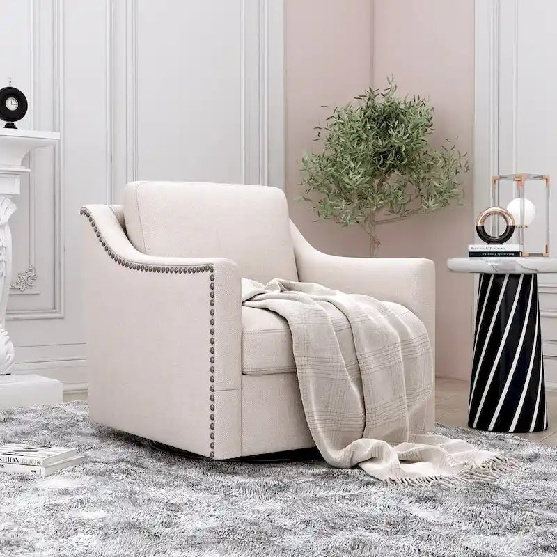 Poltrona girevole a barilotto accentata Fumo / Bianco / Grigio, Lino di cotone, Borchie in ottone, Gambe nere, Singola