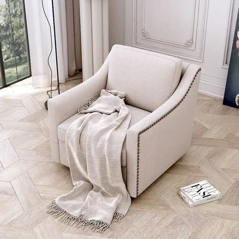Poltrona girevole a barilotto accentata Fumo / Bianco / Grigio, Lino di cotone, Borchie in ottone, Gambe nere, Singola