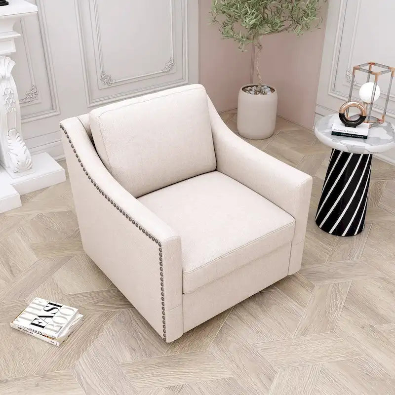 Poltrona girevole a barilotto accentata Fumo / Bianco / Grigio, Lino di cotone, Borchie in ottone, Gambe nere, Singola