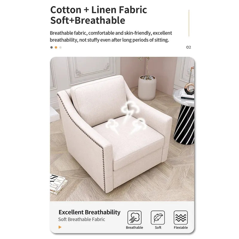 Poltrona girevole a barilotto accentata Fumo / Bianco / Grigio, Lino di cotone, Borchie in ottone, Gambe nere, Singola
