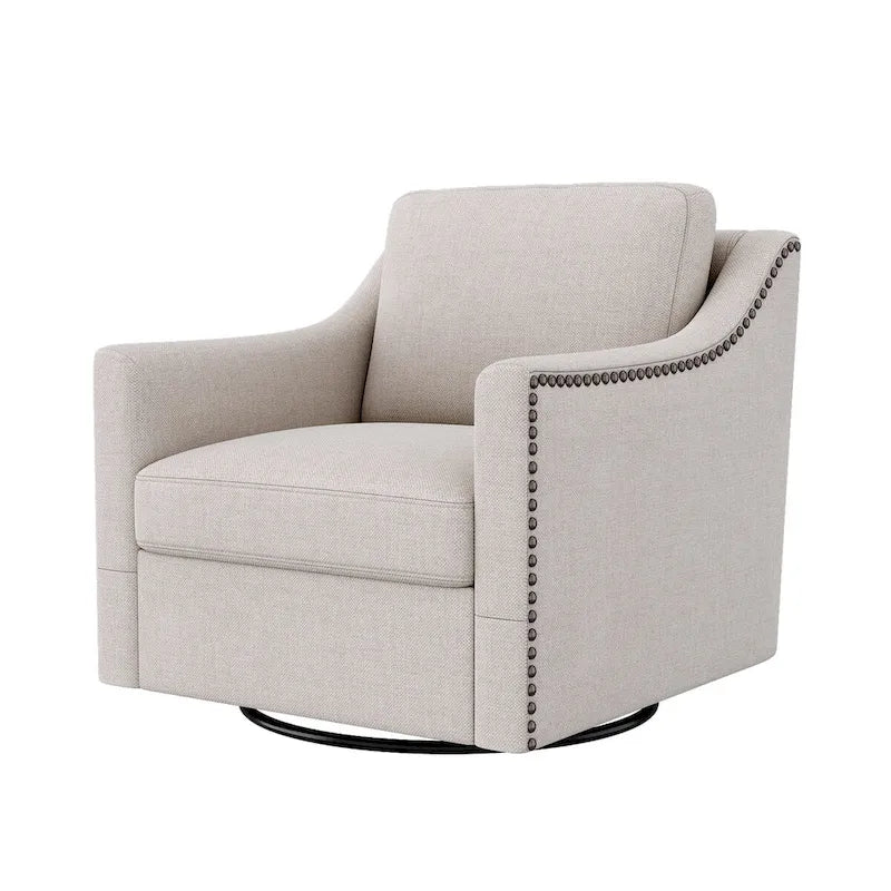 Poltrona girevole a barilotto accentata Fumo / Bianco / Grigio, Lino di cotone, Borchie in ottone, Gambe nere, Singola