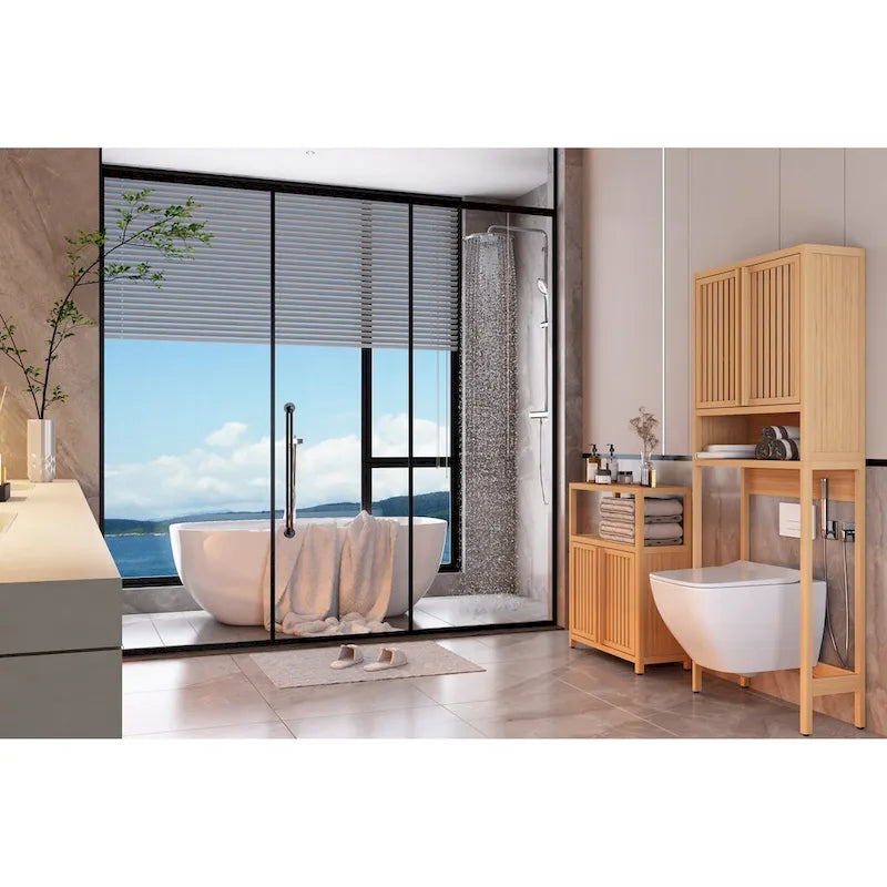 Mobiletto da terra singolo in bambù e legno di ciliegio con 2 ante a persiana