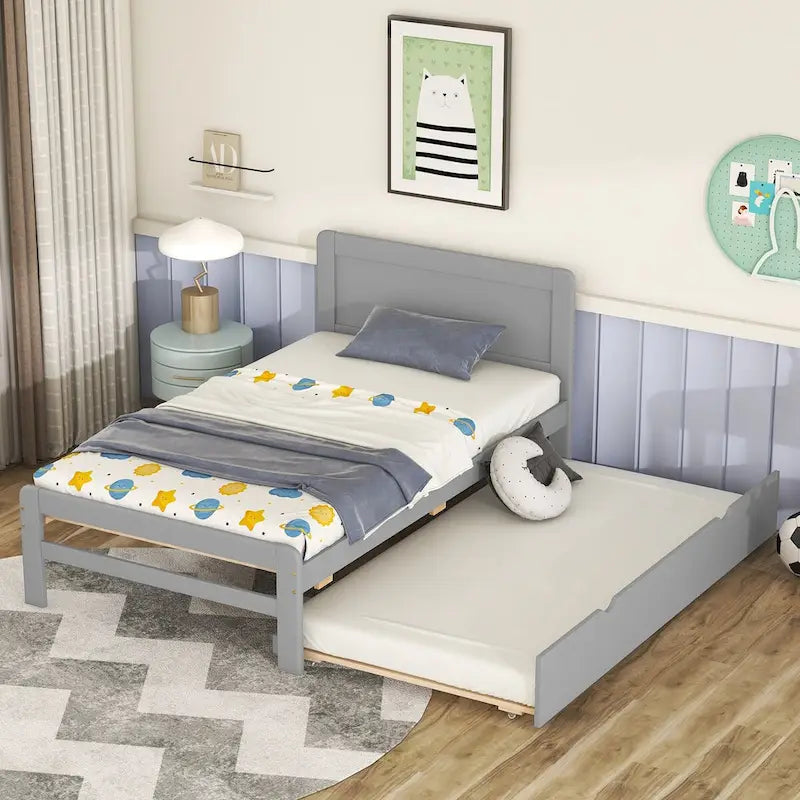 Letto a piattaforma singolo con letto estraibile – Grigio / Noce / Bianco Decapato, per 1-2 persone