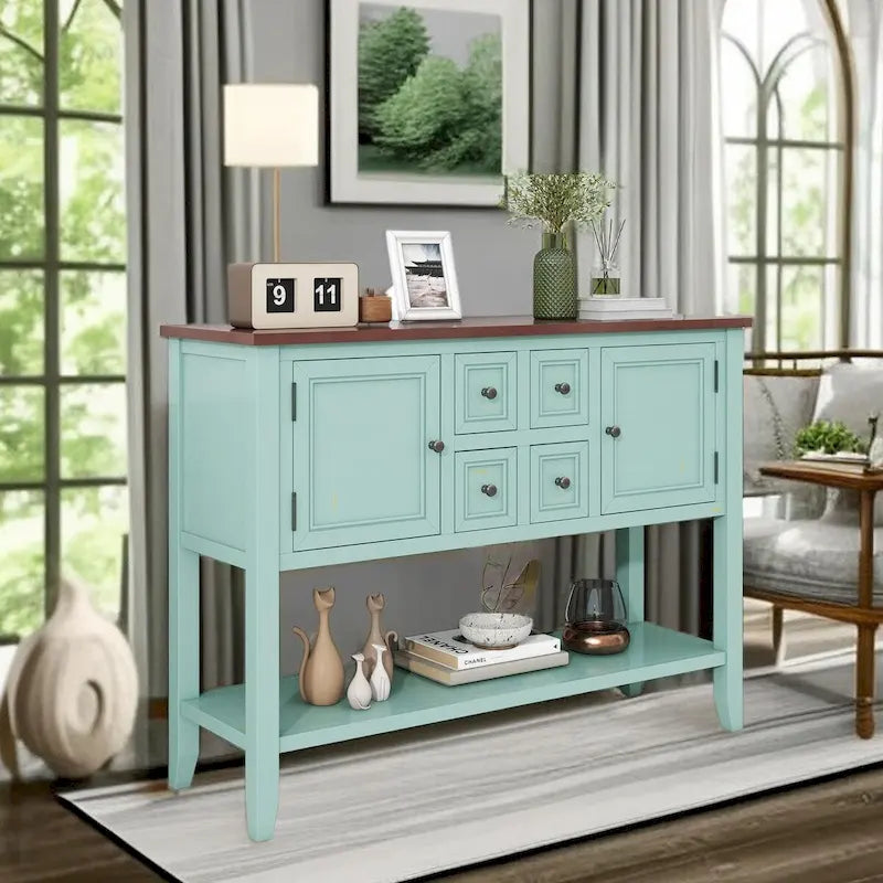Consolle blu con finitura anticata con 4 cassetti e 2 ante, piano in legno, singolo