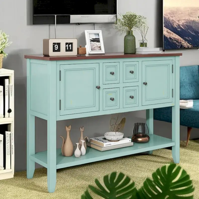 Consolle blu con finitura anticata con 4 cassetti e 2 ante, piano in legno, singolo