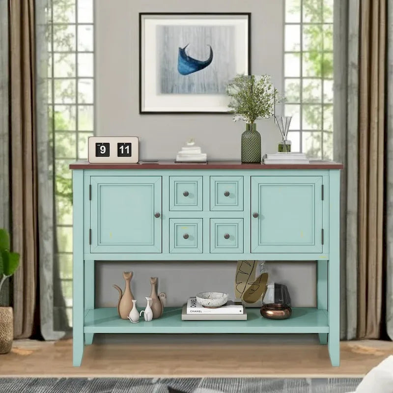 Consolle blu con finitura anticata con 4 cassetti e 2 ante, piano in legno, singolo