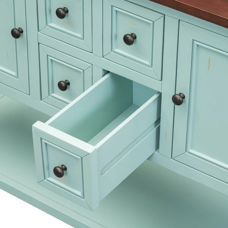 Consolle blu con finitura anticata con 4 cassetti e 2 ante, piano in legno, singolo