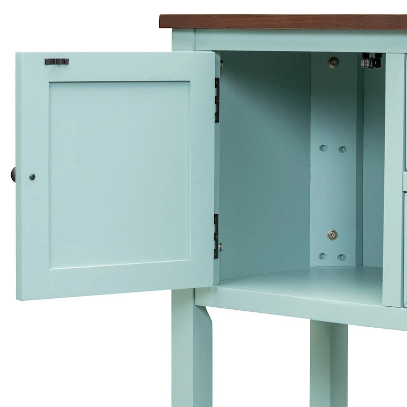 Consolle blu con finitura anticata con 4 cassetti e 2 ante, piano in legno, singolo