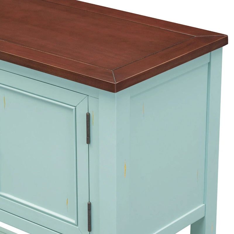 Consolle blu con finitura anticata con 4 cassetti e 2 ante, piano in legno, singolo
