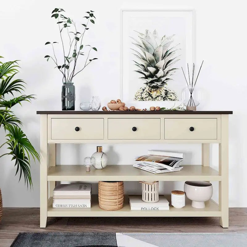 Consolle retrò beige/bianco/blu scuro, 3 cassetti e 2 ripiani aperti