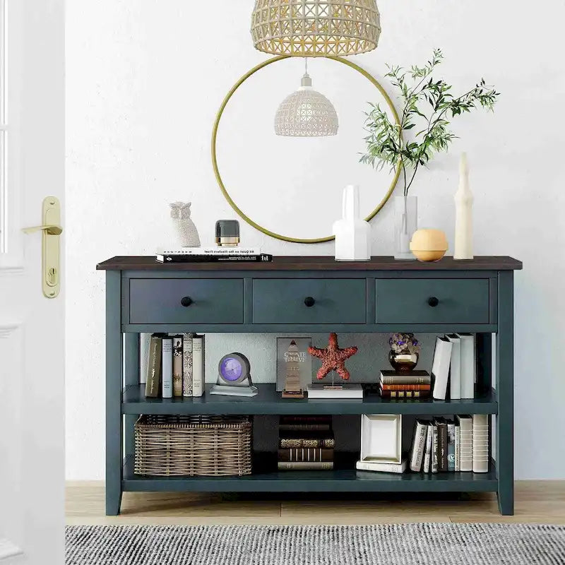 Consolle retrò beige/bianco/blu scuro, 3 cassetti e 2 ripiani aperti