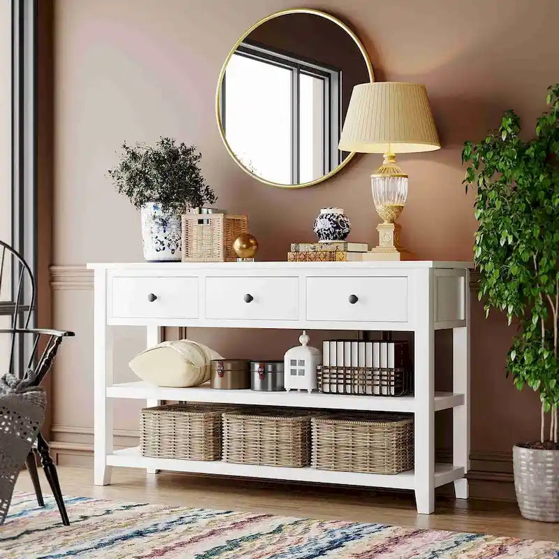 Consolle retrò beige/bianco/blu scuro, 3 cassetti e 2 ripiani aperti