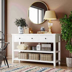 Consolle retrò beige/bianco/blu scuro, 3 cassetti e 2 ripiani aperti