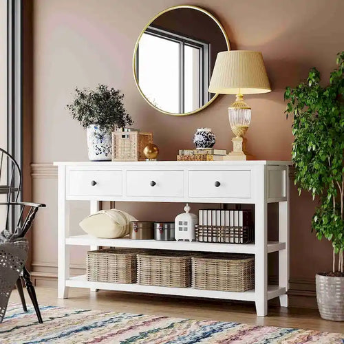 Consolle retrò beige/bianco/blu scuro, 3 cassetti e 2 ripiani aperti