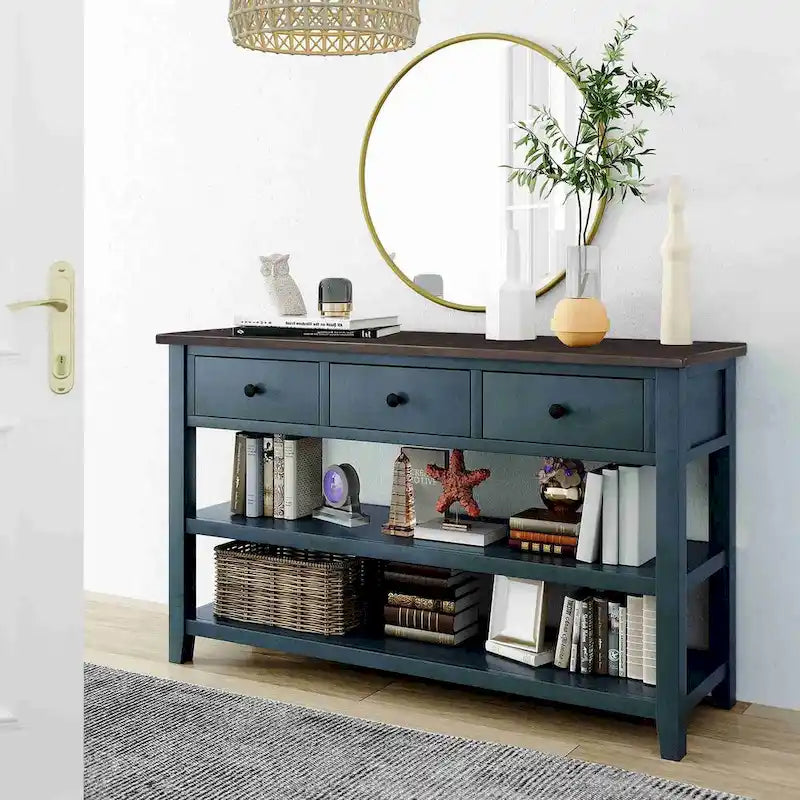 Consolle retrò beige/bianco/blu scuro, 3 cassetti e 2 ripiani aperti