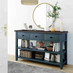 Consolle retrò beige/bianco/blu scuro, 3 cassetti e 2 ripiani aperti