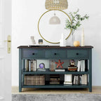 Consolle retrò beige/bianco/blu scuro, 3 cassetti e 2 ripiani aperti